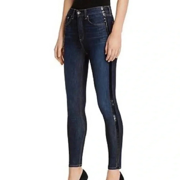 Rag & Bone High-Rise Mad River Tux Glossy Side-Stripe‎ Ankle Skinny Jeans 24 - Picture 2 of 12